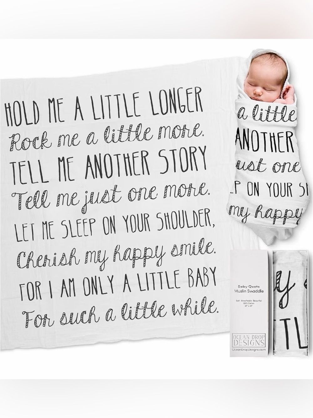 100% Cotton Muslin White Baby Quote Swaddle Blanket 47”x47”